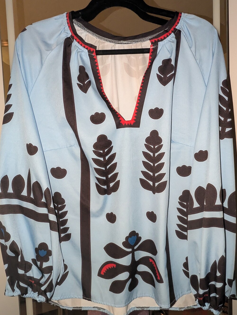 Light Blue Floral Print Peasant Top with Black Accents